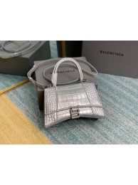 Fake Balenciaga HOURGLASS SMALL TOP HANDLE BAG crocodile embossed calfskin B108895E silver JH09387Qo74