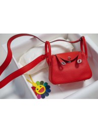 Hermes mini Lindy Togo Leather Bag LD19 red&Silver-Tone Metal JH01232jo45