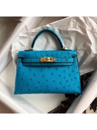 Hermes original ostrich leather mini kelly bag K001 blue JH01406Kn56