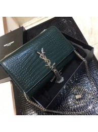 Replica Yves saint Laurent crocodile leather Shoulder Bag 1456 green Silver Chain JH08182TH29